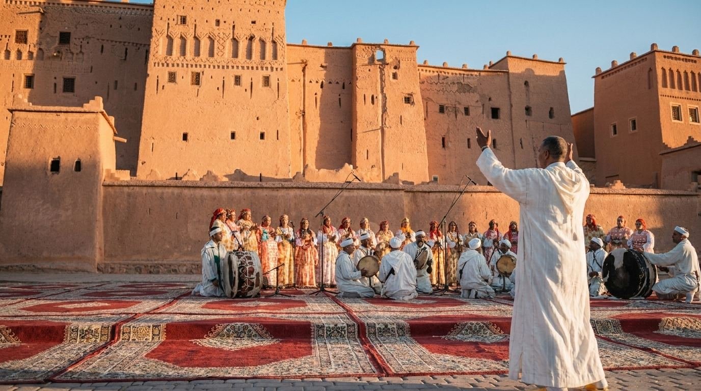 Une troupe d’Ahwach sur des tapis rouges devant la Kasbah Taourirt en fin d’après-midi ; le meneur, de dos, lève les bras.