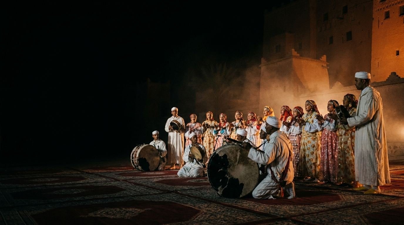 La troupe de nuit sur les tapis, éclairée d’une lumière ambrée, la kasbah dans la brume derrière elle.