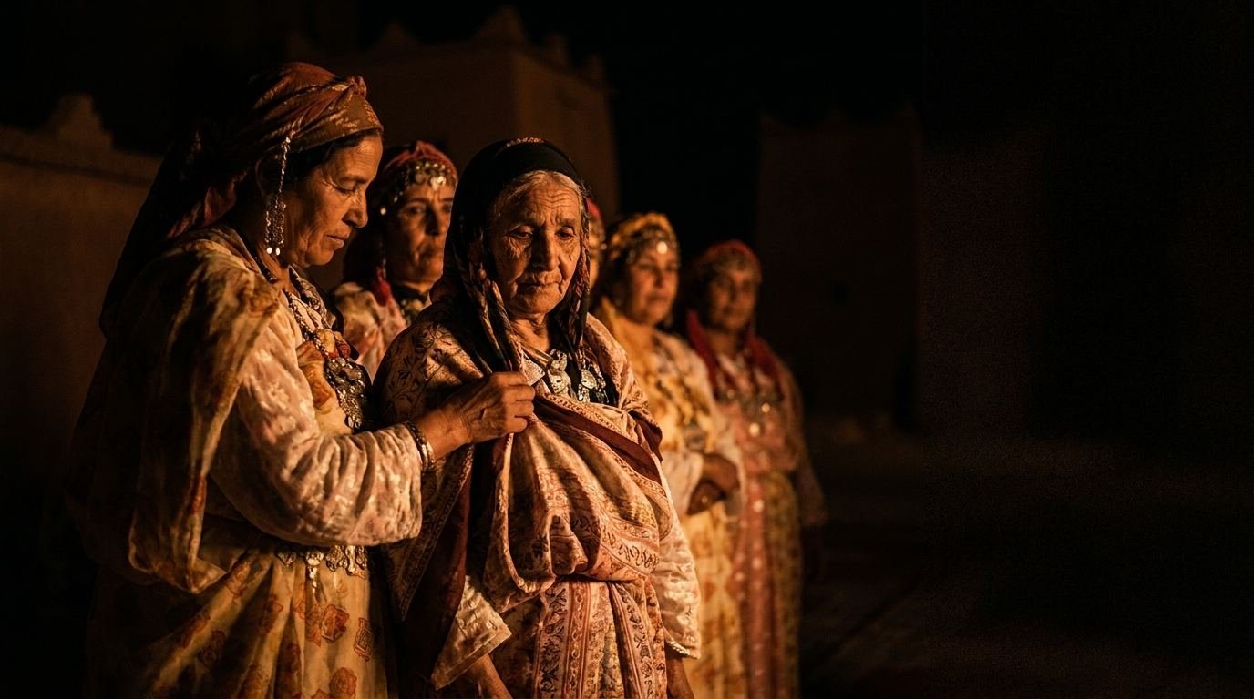 Femmes d’une troupe d’Ahwach, de plusieurs générations, de nuit.