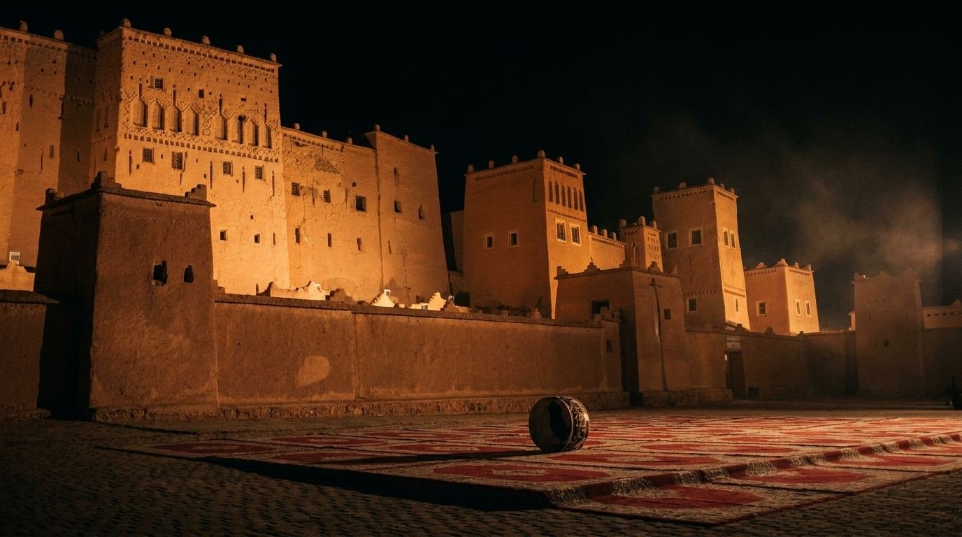 Les tapis vides et un tambour seul devant la Kasbah Taourirt illuminée, en pleine nuit.